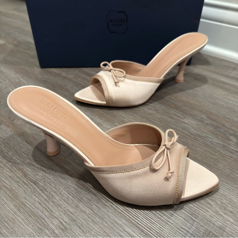 Malone Souliers X Tabitha Simmons Lily 70mm Champagne Bow Detail Mule Heels